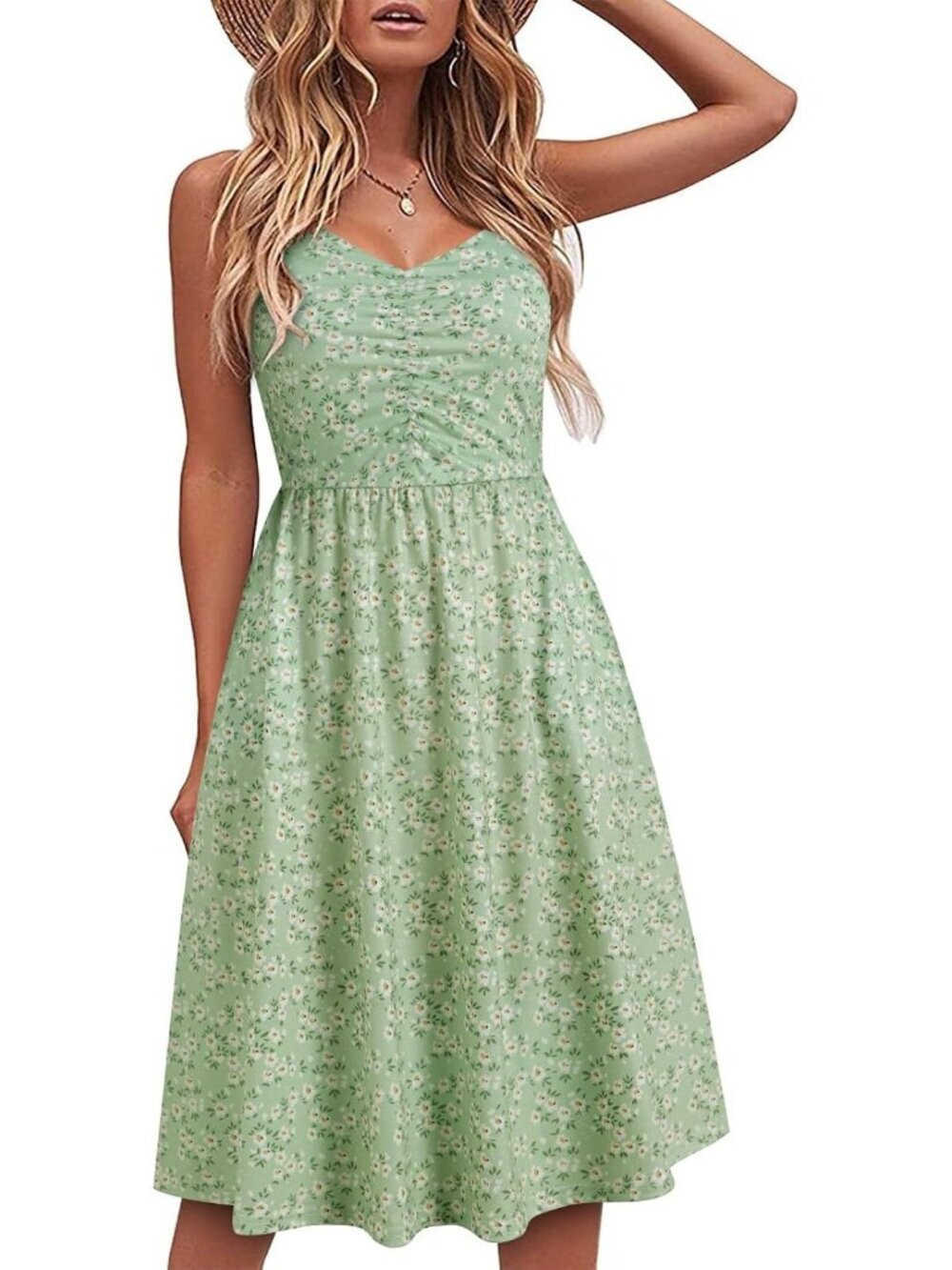 Women's Green Floral 1 Sleeveless V Neck A LINE Spaghetti Pockets MIDI Dress